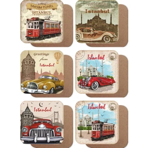 Hayat Poster Istanbul Klasik Arabalar Tramvay Temalı 6lı Ahşap Bardak Altlığı Seti