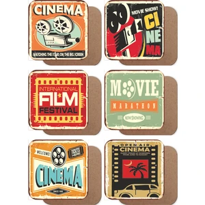 Hayat Poster Retro Sinema Temalı 6lı Ahşap Bardak Altlığı Seti