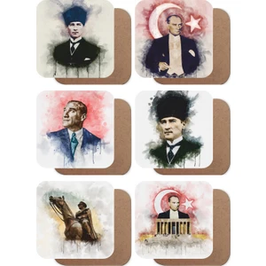 Hayat Poster Mustafa Kemal Atatürk Yağlıboya 6lı Ahşap Bardak Altlığı Seti
