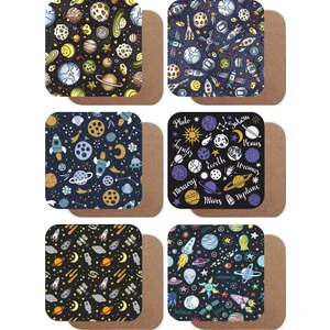 Hayat Poster Yıldızlar ve Gezegenler, Uzay Temalı 6lı Ahşap Bardak Altlığı Seti