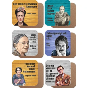 Hayat Poster Orhan Veli, Cemal Süreya, Frida, W. Woolf, Oğuz Atay, G. Akın 6lı Ahşap Bardak Altlığı Seti
