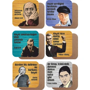 Hayat Poster Yılmaz Güney, Ahmet Arif, Kafka, Sartre, Attila Ilhan,  Bukowski 6lı Ahşap Bardak Altlığı Seti