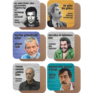 Hayat Poster Deniz Gezmiş, Che, Adnan Yücel, Ahmet Telli, Devrim Temalı 6lı Ahşap Bardak Altlığı Seti