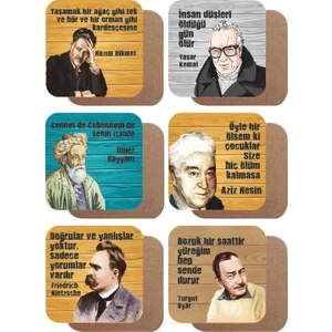 Hayat Poster Nazım Hikmet, Yaşar Kemal, Aziz Nesi Edebiyat Temalı 6lı Ahşap Bardak Altlığı Seti