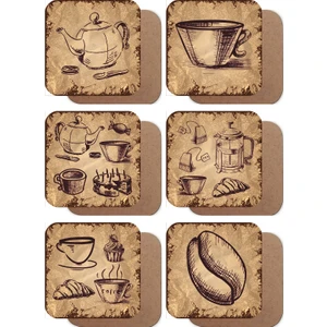 Hayat Poster Eskitilmiş Retro Vintage Tarzda Kahve Çizimli 6lı Ahşap Bardak Altlığı Seti