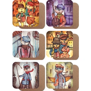 Hayat Poster Müzisyen Kediler Illustrasyonları 6lı Ahşap Bardak Altlığı Seti