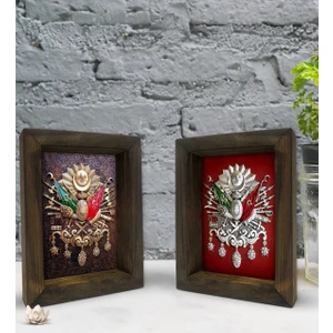 Bk Gift Osmanlı Arması Tasarımlı Dekoratif 2'li Doğal Masif Ahşap Çerçeve 15X20CM-2