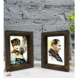 Bk Gift Atatürk Tasarımlı Dekoratif 2'li Doğal Masif Ahşap Çerçeve 15X20CM-6