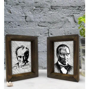 Bk Gift Atatürk Tasarımlı Dekoratif 2'li Doğal Masif Ahşap Çerçeve 15X20CM-16