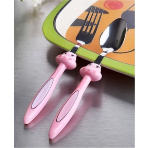Çocuk Çatak Kasık Seti Pembe 2'li Bebek Mama Seti Figürlü Çelik Çatal Kaşık