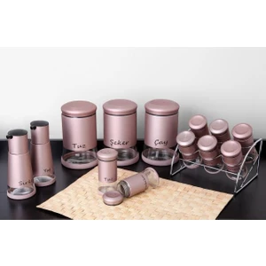 Pembe Porselen 13 Parça Cam Kavanoz Baharatlık Seti