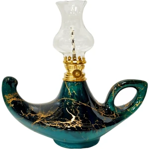Mermer Desenli Siyah/zümrüt Yeşil El Yapımı Kütahya Çinisi Gaz Lambası Büyük Aladdin Gaz Lambası