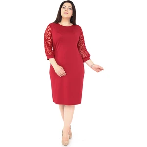 Bordo Flok Kol Büyük Beden Elbise 1E-1039