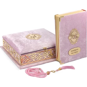 İhvan Online Kabarık Kalın Süngerli Kadife Kaplı Sandıklı Kişiye Özel Hediyelik Seccadeli Kuranı Kerim Seti Pembe