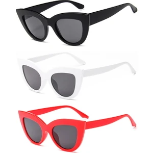 3'lü Cat Eye Oval Güneş Gözlüğü (Siyah - Beyaz - Kırmızı)