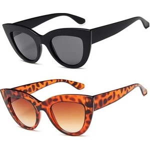 2'li Cat Eye Oval Güneş Gözlüğü (Siyah - Leopar)