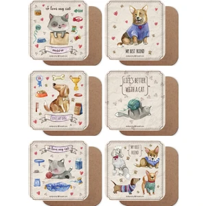 Hayat Poster Kediler ve Köpekler 6lı Retro Ahşap Barak Altlığı Seti