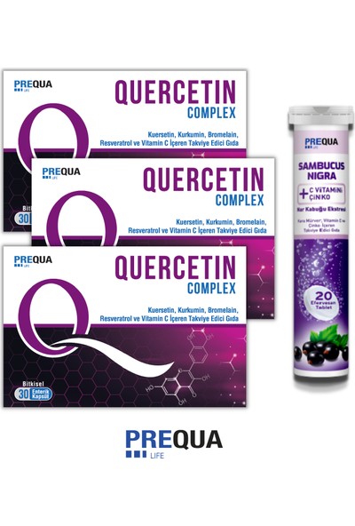 Prequa Life 3 x Quercetin Complex Bitkisel Enterik Kapsül - 1 x Sambucus Nigra Efervesan Tablet