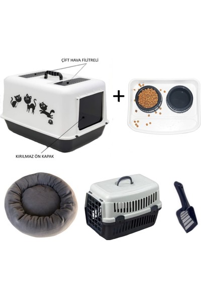 OPTIMAL Kapalı Lüx Kedi Tuvalet Kabı Simit Yatak Taşıma Kabı ve Mama Kabı Seti