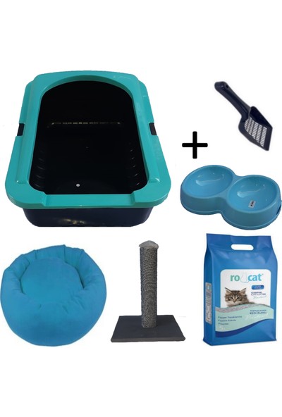 OPTIMAL Kedi Elekli Tuvalet Kabı Mavi 5 Lt Kum + Kürek + 50 cm Tırmalama + Yatak ve Çiftli Mama Kabı Seti