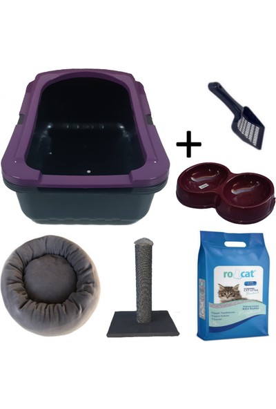 OPTIMAL Kedi Tuvalet Kabı Mor (5 Lt Kum + Kürek + 50 cm Tırmalama + Yatak ve Çiftli Mama Kabı Seti)