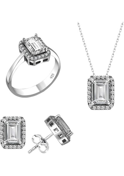 Gümüş Swarovski Baget Taşlı Pırlanta Modeli Üçlü Set