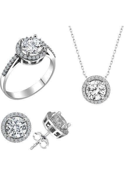 Söğütlü Silver Gümüş Swarovski Taşlı Pırlanta Modeli Yuvarlak Üçlü Set