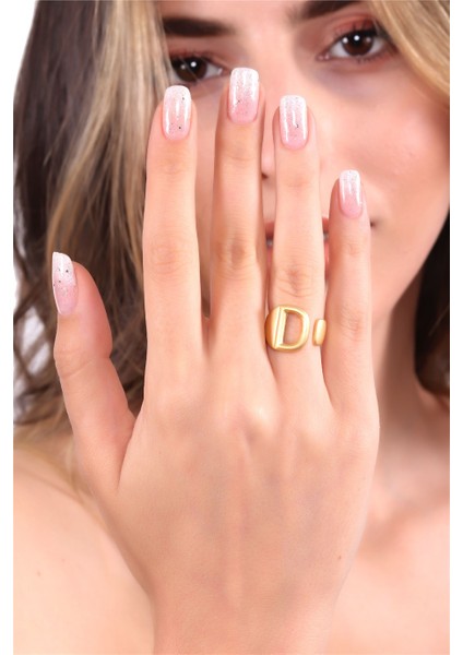 Kadın Mat Altın Renk Kaplama Ayarlanabilir D Harfi Yüzük