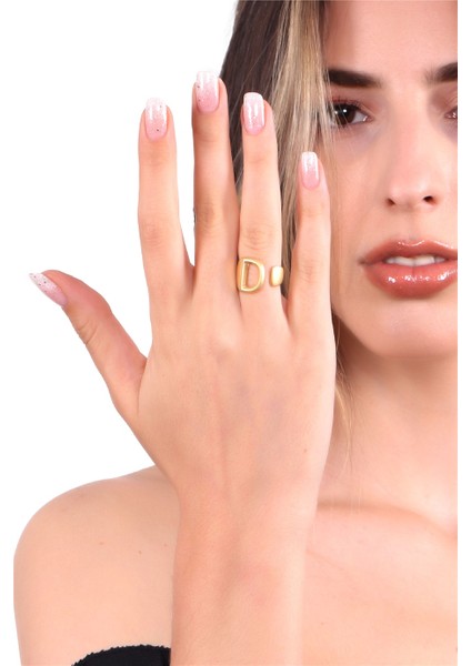 Kadın Mat Altın Renk Kaplama Ayarlanabilir D Harfi Yüzük fiyatları