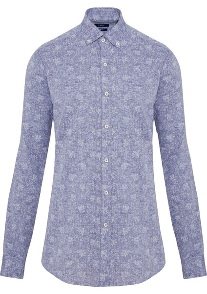 Erkek Lacivert Desenli Slim Fit Keten Gömlek
