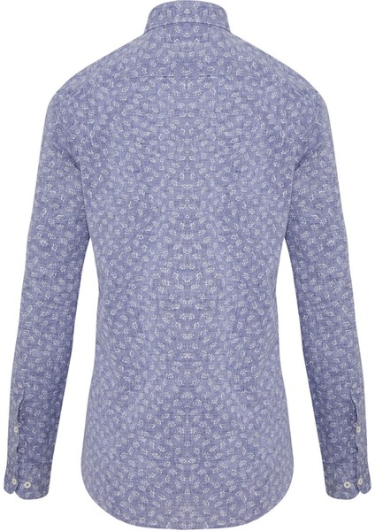 Erkek Lacivert Desenli Slim Fit Keten Gömlek