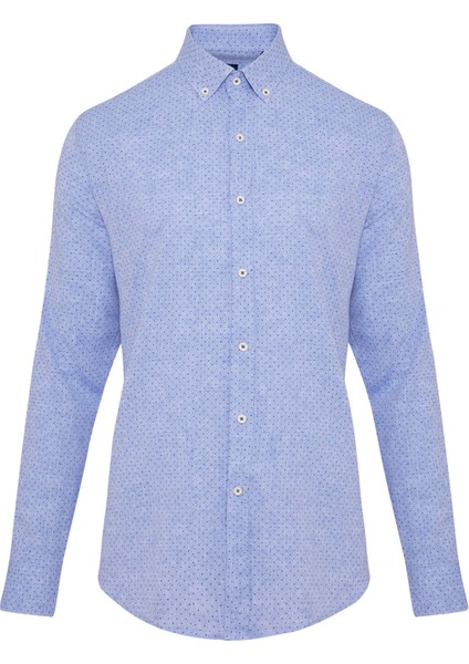 Erkek Mavi Desenli Slim Fit Keten Gömlek