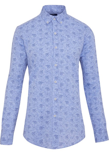 Erkek Mavi Desenli Slim Fit Keten Gömlek