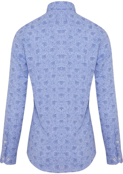 Erkek Mavi Desenli Slim Fit Keten Gömlek