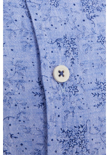 Erkek Mavi Desenli Slim Fit Keten Gömlek