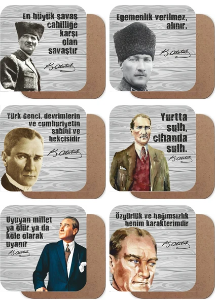 Hayat Poster Mustafa Kemal Atatürk 6lı Ahşap Bardak Altlığı Seti