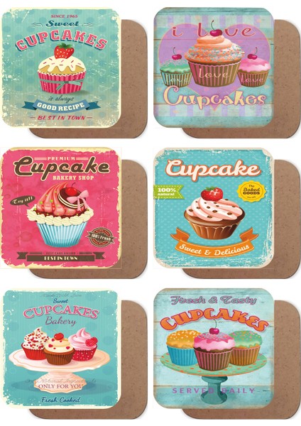 Cup Cakes Kupkek Temalı 6lı Ahşap Bardak Altlığı Seti