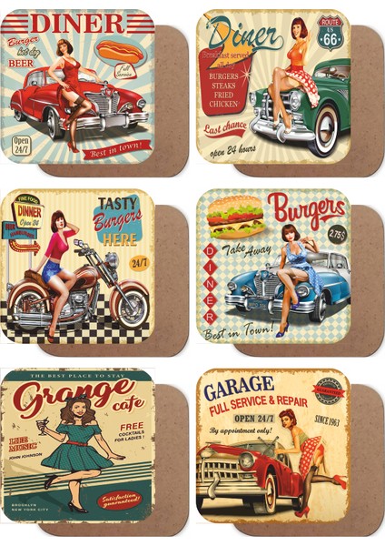 Pin Up Kızları Retro 6lı Ahşap Bardak Altlığı Seti