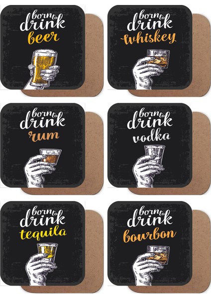 Time To Drink Içki Zamanı Retro 6lı Ahşap Bardak Altlığı Seti