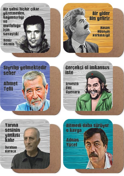 Deniz Gezmiş, Che, Adnan Yücel, Ahmet Telli, Devrim Temalı 6lı Ahşap Bardak Altlığı Seti