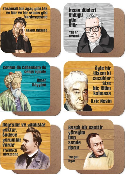 Nazım Hikmet, Yaşar Kemal, Aziz Nesi Edebiyat Temalı 6lı Ahşap Bardak Altlığı Seti