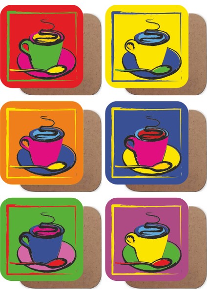 Pop Art Renkli Fincanlar 6lı Ahşap Bardak Altlığı Seti