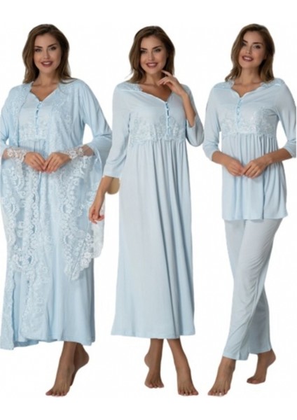 Effort Mavi Sabahlıklı Lohusa Gecelik Pijama Takımı 3014