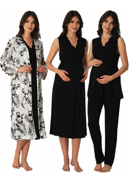Effort Siyah Sabahlıklı Lohusa Gecelik Pijama Set 8036