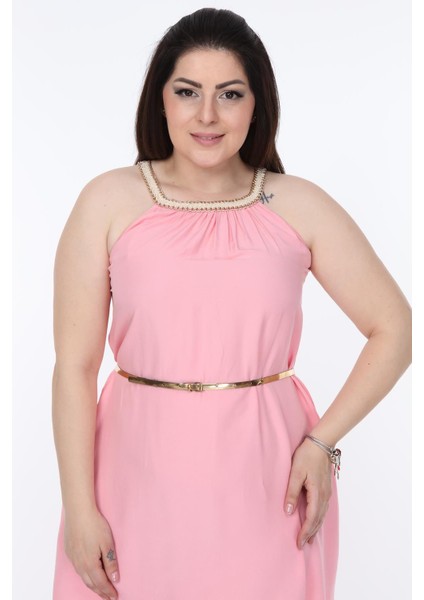 Hasır Yaka Pembe Büyük Beden Elbise 7B-1113 modelleri