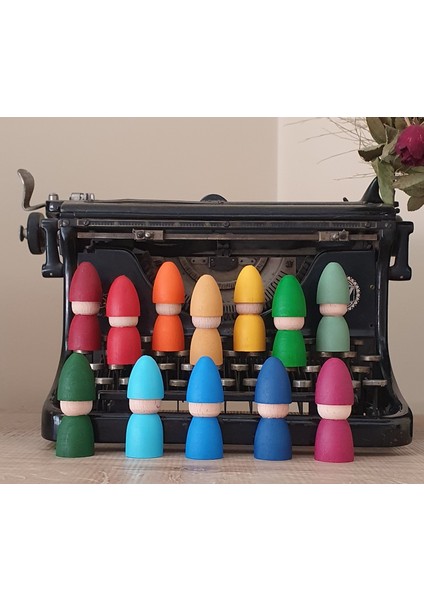 Waldorf Şapkalı Pegleri 12LI Set Gökkuşağı Tonları Kırtkırt Ahşap