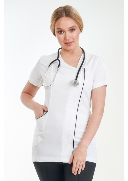 Asimetrik Doktor Önlüğü Eczacı Önlüğü Hemşire Önlüğü Estetisyen Önlüğü Kısa Kol Beyaz Kadın Önlük