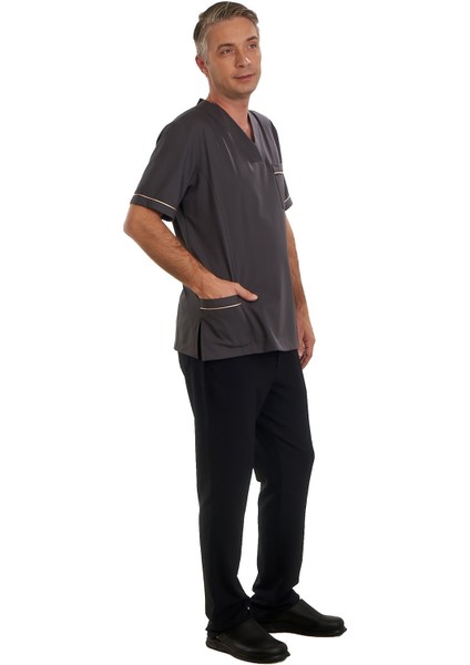 V Yaka Doktor Önlüğü Eczacı Önlüğü Laborant Önlüğü Hemşire Önlüğü Estetisyen Önlüğü Gri Kısa Kol Erkek Önlük modelleri