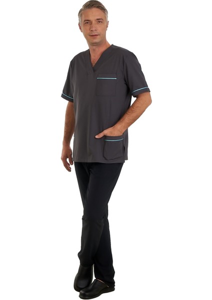 V Yaka Doktor Önlüğü Eczacı Önlüğü Laborant Önlüğü Hemşire Önlüğü Estetisyen Önlüğü Gri Kısa Kol Erkek Önlük fırsatları