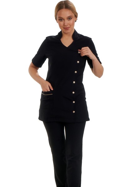 Işık Doktor Önlüğü Eczacı Önlüğü Hemşire Önlüğü Estetisyen Önlüğü Lacivert Kısa Kollu Kadın Önlük